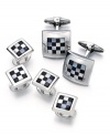 Speed and style combine on this trendy men's jewelry set. Includes two studs and matching cufflinks with an onyx (11-3/4 ct. t.w.) and Mother of Pearl checkerboard pattern. Set in sterling silver. Approximate diameter (cuff links): 5/8 inch. Approximate diameter (studs): 7/16 inch.