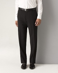 BOSS Black James Brown Trousers. Flat front pants in stretch fabric. 11 front rise, 18 leg opening. Double hook front tab closure. Side seam pockets, back buttoned welt pockets. In virgin wool elastane, cotton-lined to knee.