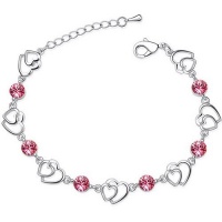 Contessa Bella Fancy Genuine 18k White Gold Plated Pink Swarovski Austrian Crystal Elements Multiple Heart Double Hearts and Stones Charm Women Bracelet Elegant Silver Color Crystal Fashion Jewelry