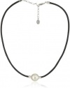 Majorica 14mm White Round Pearl on Black Leather Cord Necklace