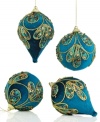 Fancy feathers. A sweet butterfly masquerades as a regal peacock in these beautiful ornaments to add an artistic touch to your tree.