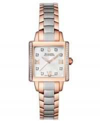 Effortlessly move between day and night, corporate and casual, with this stunning Masella watch by Bulova Accutron. Stainless steel bracelet with outer links of rose-gold PVD and square case with curved sapphire crystal. Bezel embellished with diamond accents at left and right. Silver tone web-patterned dial features rose-gold tone Roman numerals at twelve, three, six and nine o'clock, three hands and logo at twelve o'clock. Swiss quartz movement. Water resistant to 30 meters. Five-year limited warranty.