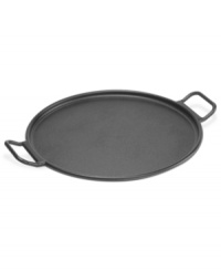 To pie for! This cast iron pan masters the art of perfect pizza-golden crust & all- and the rolled edges make it ideal for roasting veggies or baking up biscuits, too. The ready-to-use design has been pre-seasoned, so it gets better after every use & is perfect for indoor & outdoor cooking.