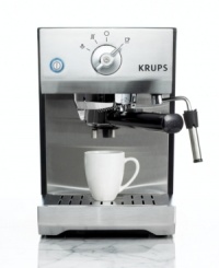 The best brew begins with the perfect tamp. This Krups espresso machine features an innovative Precise Tamping System that compresses coffee grounds perfectly -- a skill mastered by only the most practiced baristas -- to provide the same bold, flavorful results every time. One-year limited warranty. Model XP5220.