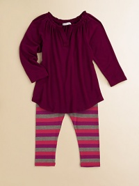 This charming pair features a playful tunic with a pretty pleated collar and stripey matching leggings. Tunic Split collarLong sleevesCurved hem Leggings Elasticized waistbandPull-on style96% rayon/4% spandexMachine washImported