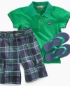 Suiting up for the surf won't be a problem thanks to this polo shirt, plaid shorts and sandals set from Kids Headquarters.