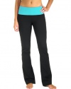 5021-AQ-S-31 Flared leg, fold over waistband yoga pants Size: Small (0-4) - 31 inch inseam (regular) Color: Aqua waistband / black pant