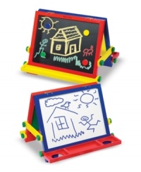 Convenient and compact, this tabletop easel includes chalk, a dry-erase marker, an eraser, magnetic chalk- and dry-erase boards, plus four magnets!  Just add imagination!