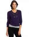 Magaschoni Women's 100% Cashmere Beaded Cardigan, Deep Purple Mouline, Small