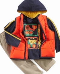 Keep truckin'. Give his style a push with adorable truck set – with a puffer vest, hoodie and pants – from Kids Headquarters.