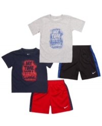 Give everyone a preview of your superstar's sporty style with this t-shirt and short set from Nike.