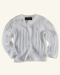 Ralph Lauren Childrenswear cable cardigan sweater. An essential long-sleeved cardigan in signature cabled cotton. Six-button placket. Ribbed neck, placket, cuffs and hem. Signature embroidered pony accents the chest.