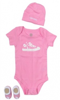 Converse Baby Chuck Taylor Graphic Bodysuit, Baby Beanie and Booties Set (One Size 0-6 Months) Pink, 0 - 6 Months