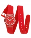 Bold colors and sporty designs define classic Swatch style on this Bitter Cranberry collection watch.