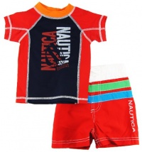 Nautica Boys sizes 4-7 Red/Blue Print Rash Guard Swim Top/Shorts 2 Pc Set