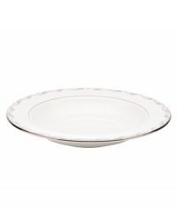 Crafted of exquisite bone china with platinum trim and paisleys, the Paisley Bloom rim soup bowl from Marchesa by Lenox turns heads at any formal table.