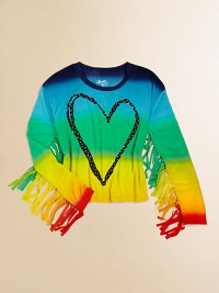 It's easy to fall in love with this retro, fringed tee with a bold heart print and colorful design.ScoopneckLong sleeves with fringe trimPullover styleRayonHand washImported