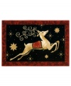 Wondering eyes will appreciate this beautifully whimsical Shaw rug season after season! A beloved symbol of the holidays, this graceful reindeer leaps into the night sky, surrounding by twinkling stars and an elegant wine-hued border. Constructed of recyclable nylon, the rug adds a wonderful look to your decor without the extra impact on mother nature.