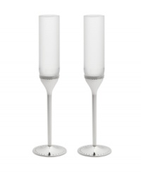 Echoing the elegant details of a wedding dress, Vera Wang's Grosgrain toasting flutes marry clean lines with lavish silver-plated stems and ribbon-inspired trim.