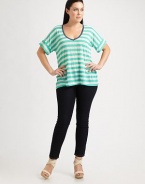 Designed to flatter your figure, this easy jersey top features a feminine neckline and classic stripes.Deep v-neckDolman sleevesContrast solid trimPull-on styleAbout 27 from shoulder to hem50% rayon/50% polyesterMachine washMade in USA