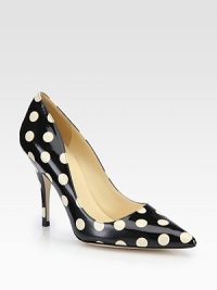 Vintage-inflected polka dots add whimsical style to this patent leather design with a classic point toe. Self-covered heel, 4¼ (110mm)Patent leather upperPoint toeLeather lining and solePadded insoleMade in Italy