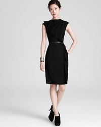 An artful ruffle adorns this sumptuous wool Escada dress with contrast leather belt.