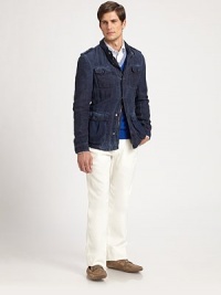 Military inspiration shows up in full effect in this deep-indigo rinsed jacket in cool, casual linen.Zip frontShoulder epaulettesChest, waist flap pocketsAbout 29 from shoulder to hemLinenMachine washImported