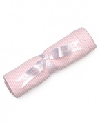 Arriving bundled and tied with a bow, this cuddly striped blanket is rendered in soft stripes and sateen trim.