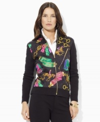 Lauren Ralph Lauren's classic jersey-knit mockneck cardigan in soft combed cotton receives a dramatic makeover with bold quilted silk paneling along the front. (Clearance)