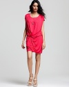 Three Dots' ultra-versatile dress flaunts a draped silhouette and shock of color for go-to summer style.