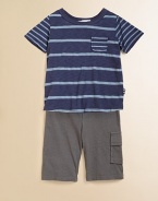 Dapper stripes with convenient patch pocket atop solid cargo-style pants, both in soft knit for stylish comfort and ease. Tee:CrewneckShort sleevesPullover styleFront patch pocket Pants:Elasticized waistOne side cargo pocket35% supima cotton/30% rayon/25% cottonMachine washImported