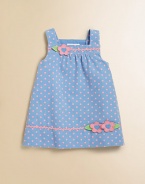 A precious corduroy, A-line design with polka dots, ric-rac trim and flower appliqués for your little fashionista.SquareneckShoulder straps with back button closurePleated bodiceCottonMachine washImported