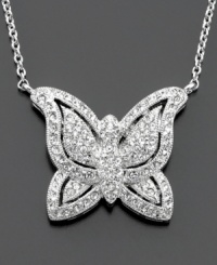 A crystal-accented butterfly pendant lends a touch of sweet whimsy. Rhodium plated. Chain measures 16 inches; drop measures 3/4 inch.