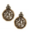 What's T Tahari's take on traditional stud earrings? An intricate scroll design embellished by subtle yet sparkling crystals. Crafted in antique gold tone mixed metal. Approximate diameter: 1-1/2 inches.