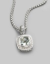 From the Petite Albion Cushion Collection. A softly hued, richly faceted prasiolite, surrounded by pavé diamonds on a chain of sterling silver. Diamonds, 0.20 tcw Prasiolite Sterling silver Chain length, about 17 Pendant width, about ¼ Lobster clasp Imported