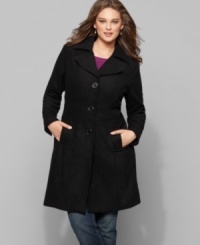 A streamlined silhouette showcases Dollhouse's single-breasted plus size jacket-- stay warm and stylish this season!