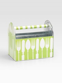 Cutlery finds a perfect container for storage and displaying. Carry the galvanized metal tote-along outside for an al fresco meal, or place it at the end of a casual buffet. Compartmentalized interior 8½W X 7H X 5D Made in USA Please note: Each tote-along is made to order, so please allow 3-4 weeks for delivery. 