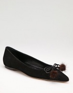 An elegant silhouette of rich Italian suede, punctuated by a mink fur pom-pom bow.Heel, ¼ (5mm) Pointed toe Leather lining and sole Padded insole Made in Italy Fur origin: China