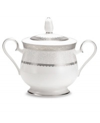 Relive the imperial grandeur with Noritake Odessa Platinum fine bone china. The collection sugar bowl with its intricate platinum detailing and impressive shape elevates your special occasions to something extraordinary. Coordinate with table settings and a full range of accessories.