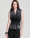 Fluid ombre lends modern inspiration to an Eileen Fisher vest, cinched with a statement pin closure for effortless urban edge.