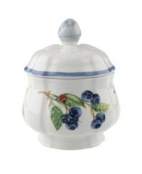 The Cottage Inn covered sugar bowl is the perfect way to liven up afternoon tea or coffee. Lush, dancing clusters of ripened blueberries, raspberries and cherries are a stunning contrast on creamy white porcelain and lend every meal a touch of traditional elegance.