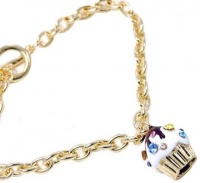 Adorable Small Juicy Inspired Gold Cupcake w/ Frosting and Sparkling Rainbow Crystal Sprinkles Charm Bracelet