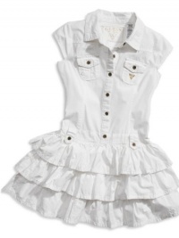 GUESS Kids Girls Big Girl Shirtwaist Tiered Dress, WHITE (10/12)