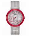 Simple shades of gray from Lacoste. Unisex Goa watch crafted of gray stripe silicone strap with printed text logo and round plastic case with red bezel. Gray stripe dial features jumbled red and white numerals, iconic crocodile logo at twelve o'clock, cut-out hour and minute hands, and red second hand. Quartz movement. Water resistant to 30 meters. Two-year limited warranty.