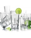 This set of squire coolers and double old-fashioned drinking glasses crafted in heavy, recycled glass offers a solid grip and Earth-friendly design. Vertical cuts divide boxy bases for a casual, sophisticated look that's great for everyday drinks and the occasional cocktail.