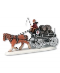 A horse-drawn carriage arrives at Dickens' Village with a wagon full of beer kegs destined for a rollicking good time at England's Red Lion Pub. From Department 56.