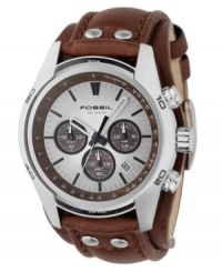 With multiple functions and a chunky leather strap, this masculine Decker collection watch from Fossil is perfect for every occasion. Brown leather strap. Silver tone stainless steel round case and round silver tone dial with three subdials, date window, logo and stick indices. Quartz movement. Water resistant to 100 meters. 11-year limited warranty.