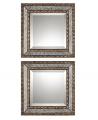 With traditional details like beveled glass, double row of pearl edging in antiqued gold leaf finish and finished with a dark gray wash, the sumptuously framed Norlina mirrors exude a regal, masculine presence ideal as accents to tie a traditional room together.