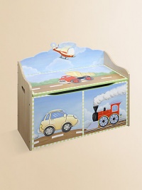 From the Transportation Collection. This sturdy, hand-painted chest will keep their toys organized in the most colorful way.Slow-close safety hinges on lid Side openings for carrying ease 32W X 26H X 15D Constructed of MDF ImportedRecommended for ages 3 and up Please note: Some assembly may be required. 