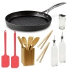 Calphalon Unison Nonstick 12in round grill pan + Tool Set 5 Piece Bamboo Finish + 10.5in Silicone Spatula Cherry + Bamboo Toast Tong - 6.5 Inch Long + Tall Oil and Vinegar Bottle Glass Finish + Spice Bottle Glass Finish